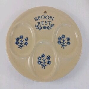 CORONA STONEWARE 3 Spoon Rest Plate Wall Hanging Beige Pottery with Blue Flowers